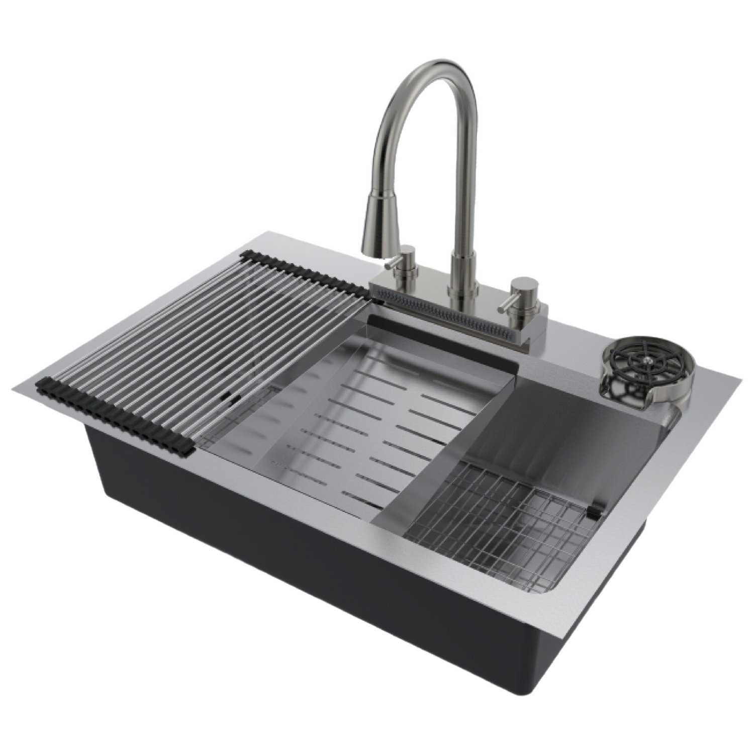 Stainless steel work station sink kit with dual basins, rolling rack, and high-arc faucet for home improvement tasks