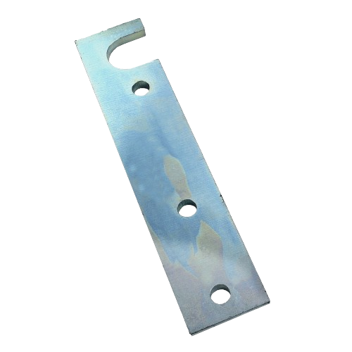 Galvanized metal strap with three mounting holes and a curved hook end for tools and home improvement use