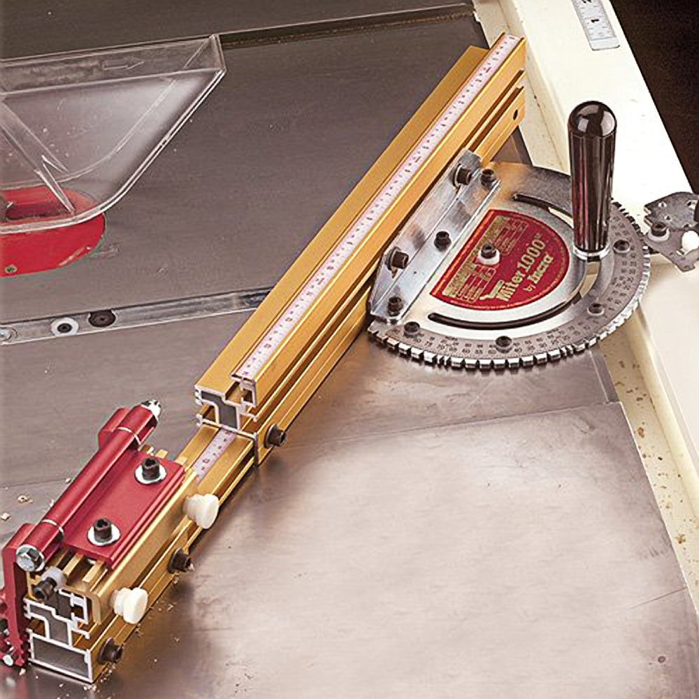 Adjustable miter gauge with telescoping fence and angle scale for saw accessories and power tool accessories collections