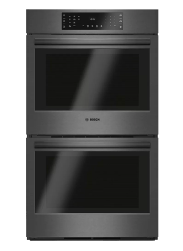 Black stainless steel 30-inch double wall oven with digital touch controls in Bosch appliances and kitchenware collections