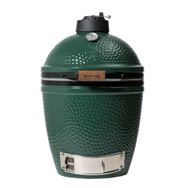 Green ceramic charcoal kamado grill with temperature gauge and stainless steel vent for outdoor grilling and cooking