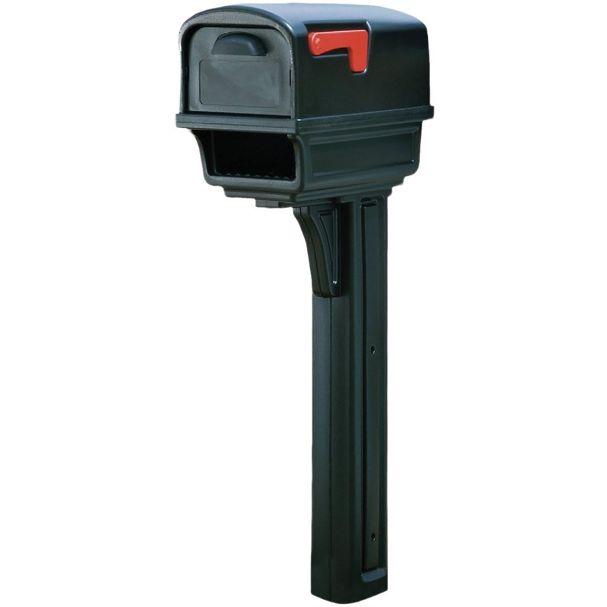 Black mailbox and post with red flag designed for residential home improvement and outdoor use