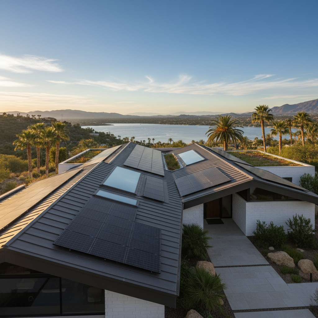 Modern house rooftop equipped with multiple solar panels and skylights, overlooking a scenic lake and palm trees at sunset.