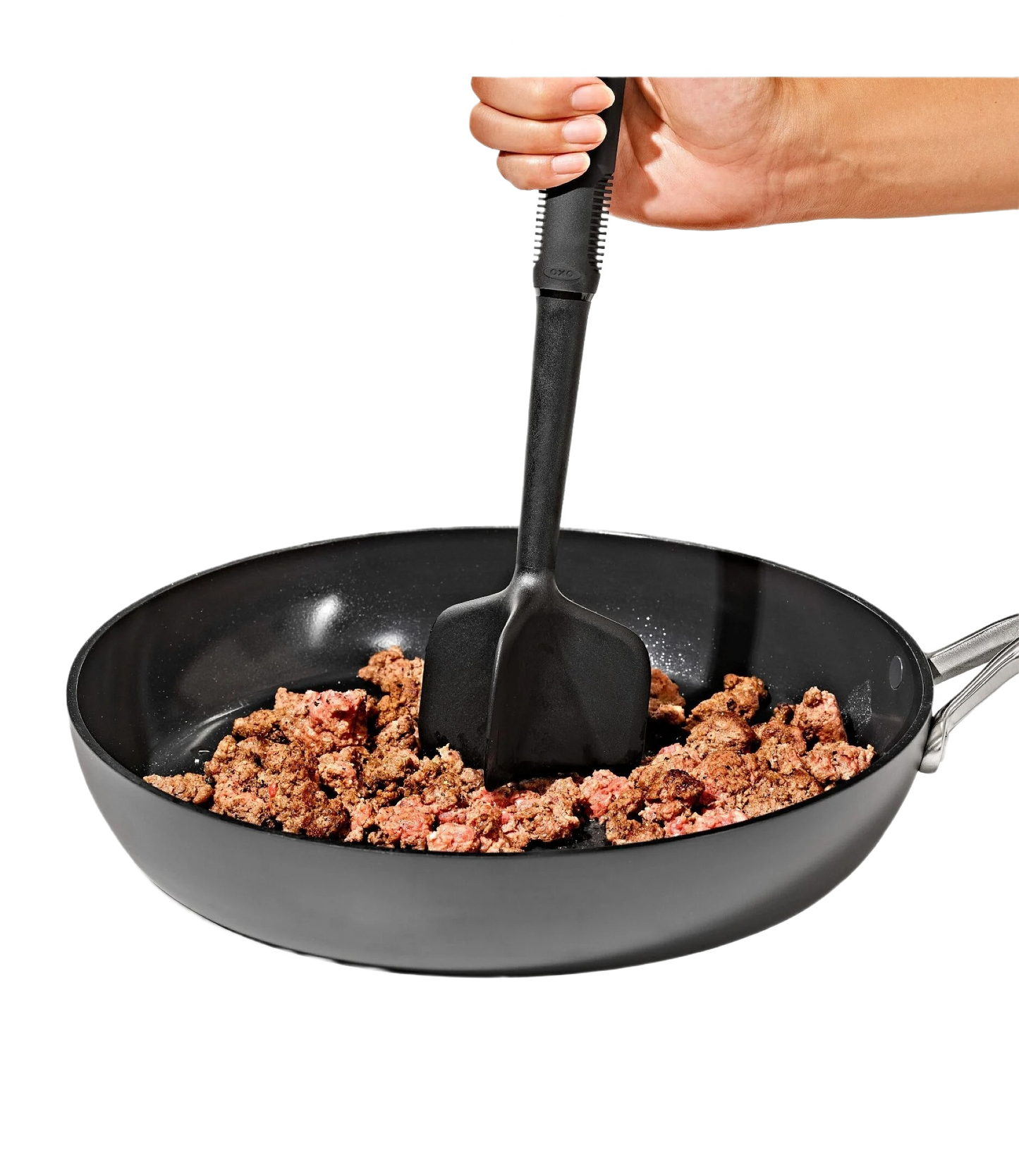 Black ground meat chopper with ergonomic handle breaking up cooked meat in non-stick skillet for kitchen utensils collections