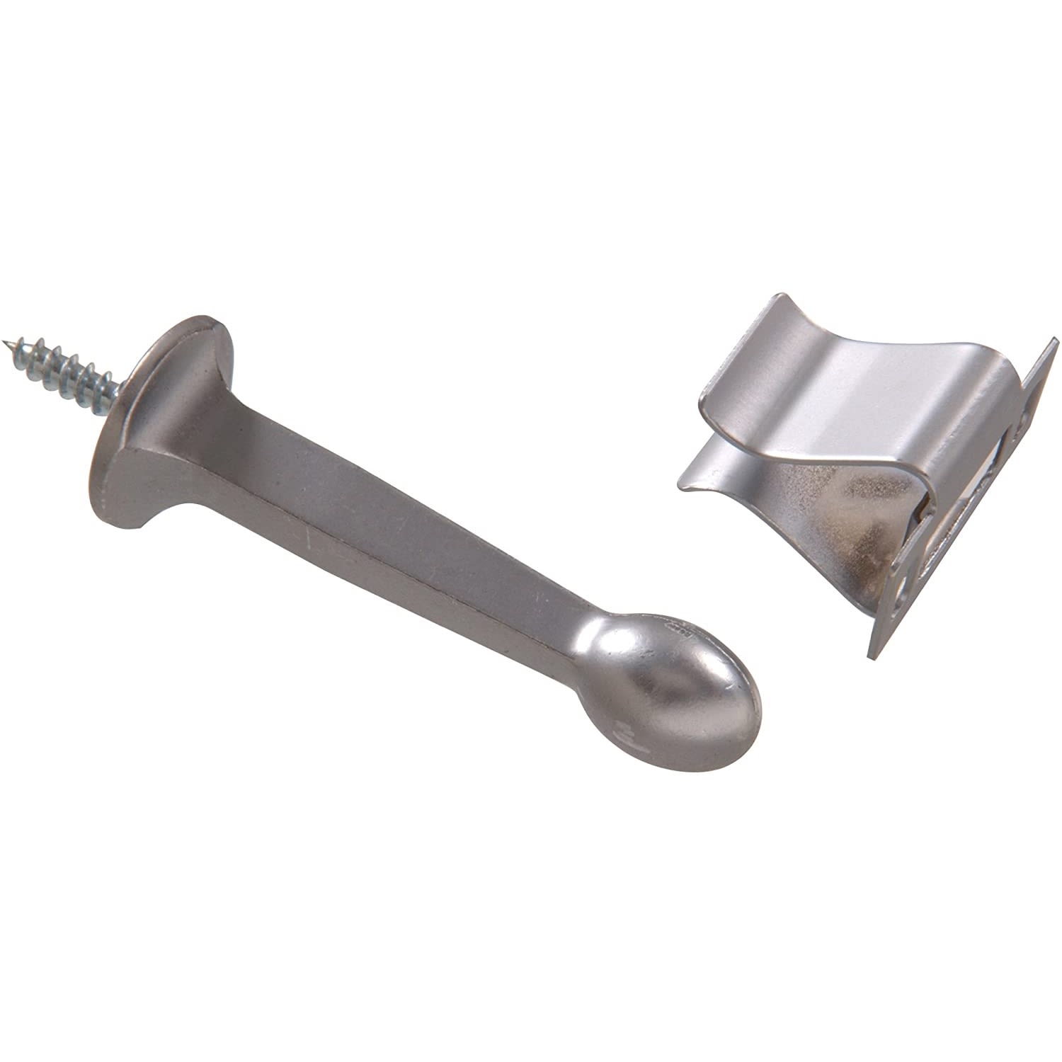 Satin chrome rigid door stop with holder, designed for door accessories and home improvement hardware collections