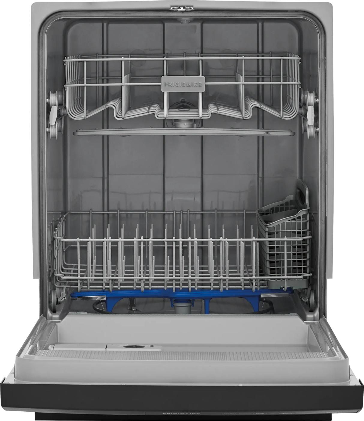 Open stainless steel 24-inch built-in dishwasher interior with adjustable racks and utensil holder for home improvement tasks