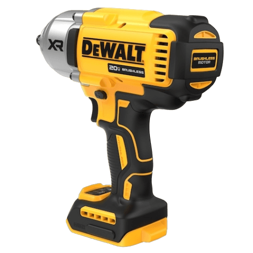 Yellow and black cordless high torque impact wrench with brushless motor for home improvement and tool use