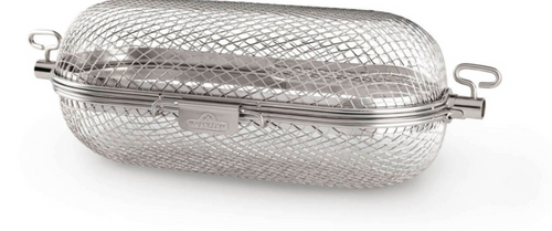 Stainless steel rotisserie basket with mesh design and secure locking handles for even grilling of wings, vegetables, and fries in outdoor cooking.