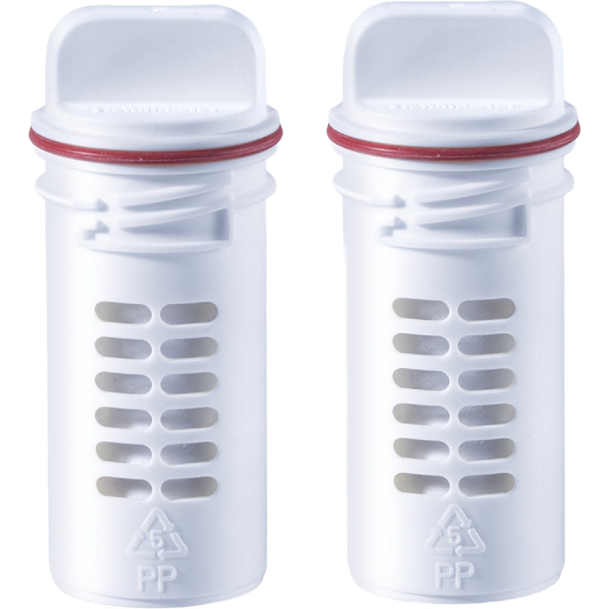 Two white plastic refill cartridges with red sealing rings for toilet cleaning bleach system under $50