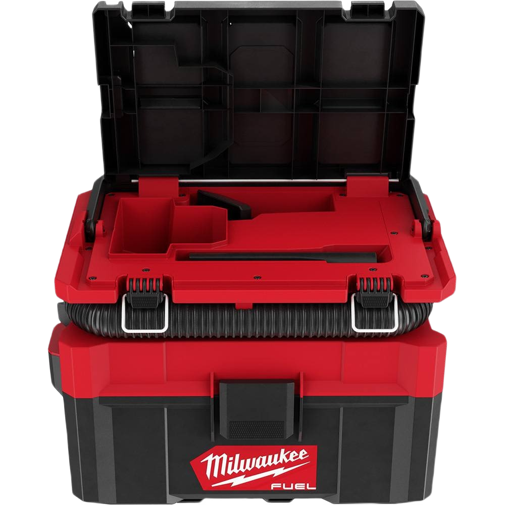 Red and black compact vacuum with open top compartment and organized storage for tools and accessories