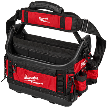 Durable red and black structured tote with reinforced ballistic material for tool storage and jobsite organization
