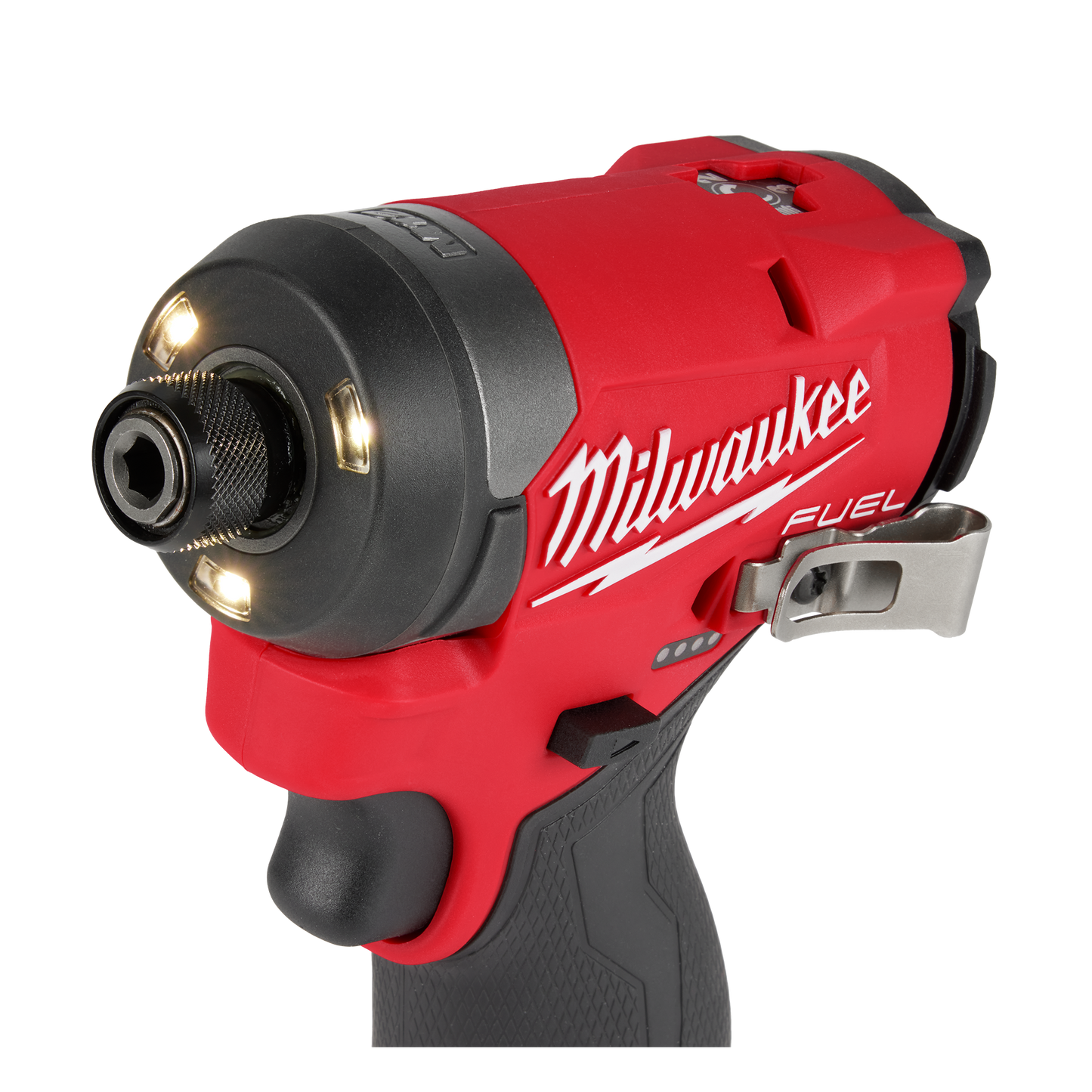 Red and black cordless impact driver with LED lights and metal belt clip for precise home improvement tasks