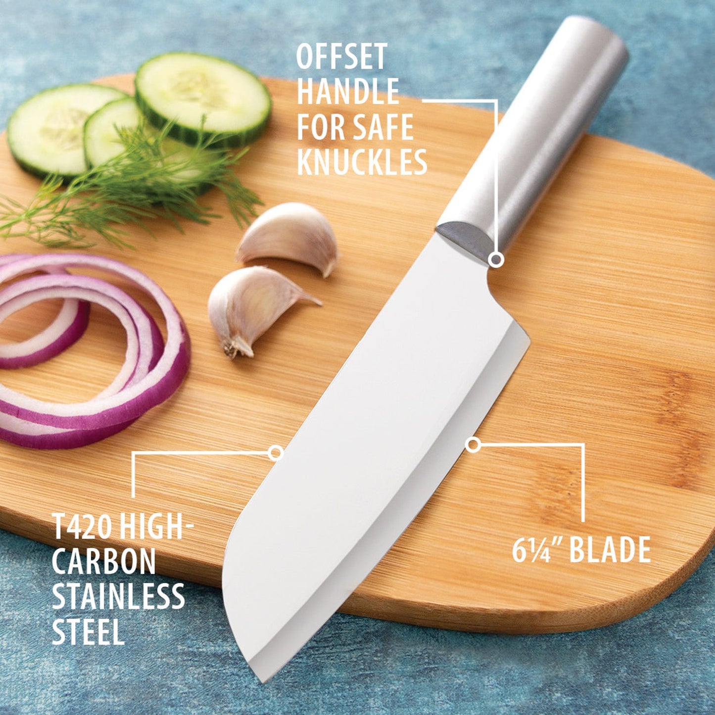 Stainless steel cook’s knife with offset handle and 6¼-inch high-carbon blade on wooden cutting board with vegetables