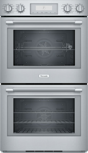 Professional stainless steel double wall oven with control knobs and digital display from Thermador kitchen appliances collection