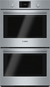 Stainless steel double wall oven with heavy-duty metal knobs and digital display in Bosch kitchen appliances collection