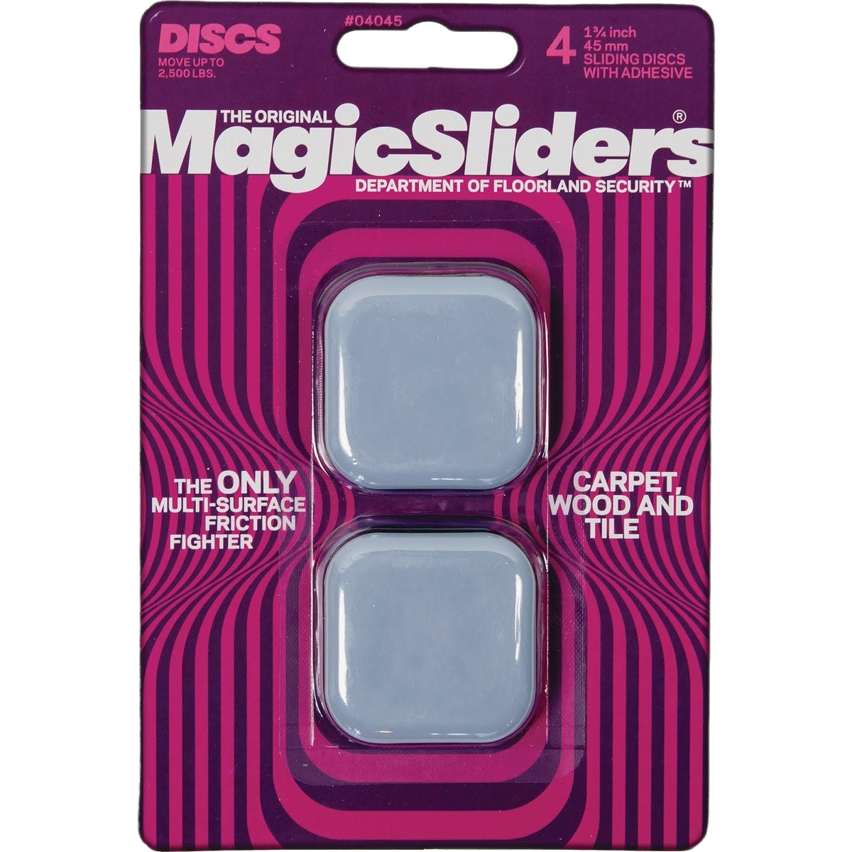 Package of four 1.75 inch square sliding discs with adhesive for moving furniture on carpet, wood, and tile surfaces