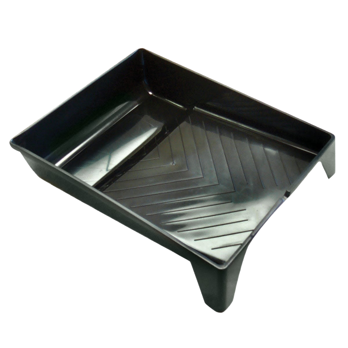 Black plastic paint tray with angled ridges for even roller coverage in home improvement projects