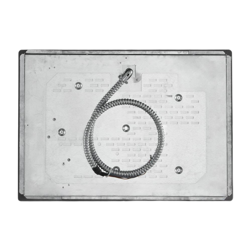 Underside of a 30-inch electric ceramic glass cooktop showing metal housing and wiring in kitchen appliances collection