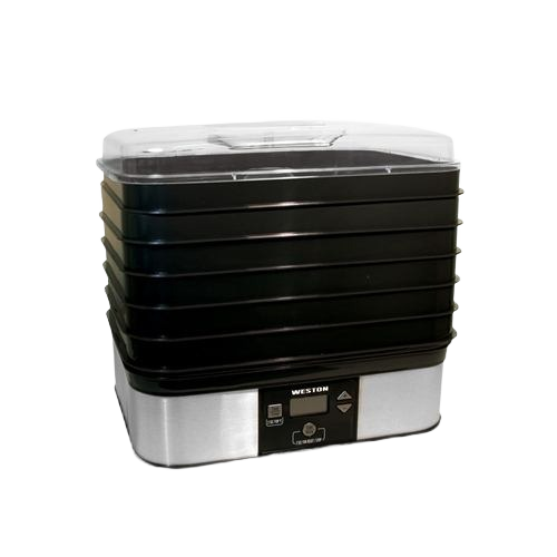 Electric food dehydrator with six black stackable trays and digital control panel for home food preservation