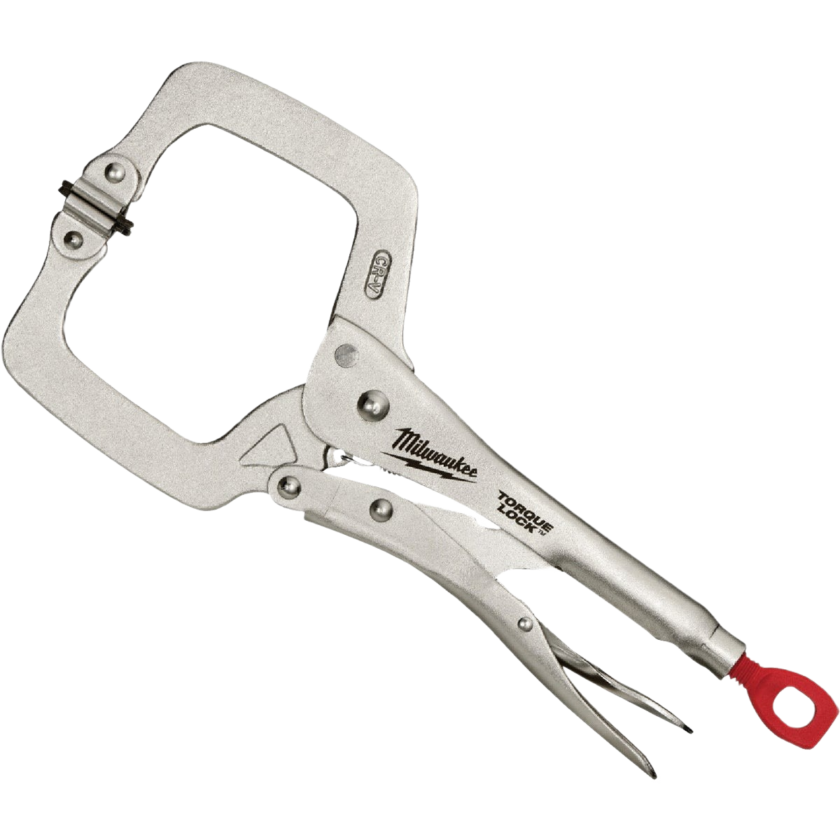 Silver locking C-clamp with swivel jaws and red loop handle designed for tools and home improvement projects