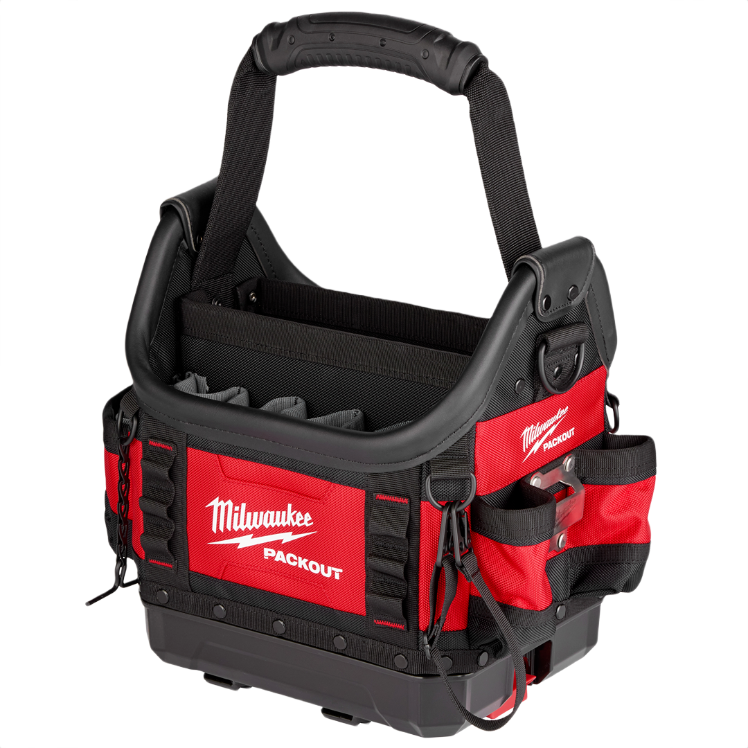 Red and black Milwaukee PACKOUT™ tote with reinforced structure and multiple pockets for tool storage and organization.