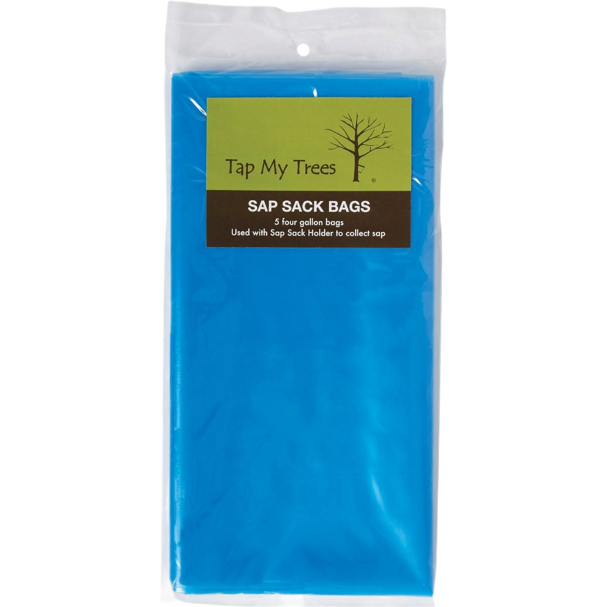 Blue plastic sap collection bags designed for maple sugaring with packaging labeled Tap My Trees brand