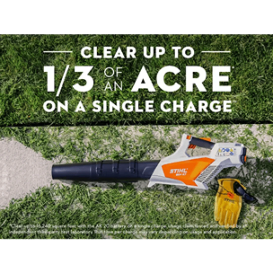 Orange and white STIHL battery blower resting on grass beside yellow work gloves for home improvement tasks