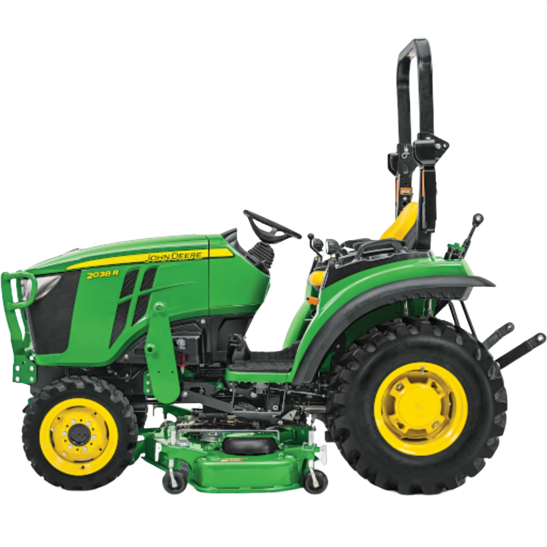 Side view of a green and yellow John Deere sub-compact tractor with rollover protection and rugged tires, featured in Outdoor Power Equipment at Hartville Hardware.