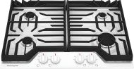 White 30-inch gas cooktop with continuous edge-to-edge grates and four burners in cooktops and kitchenware collection