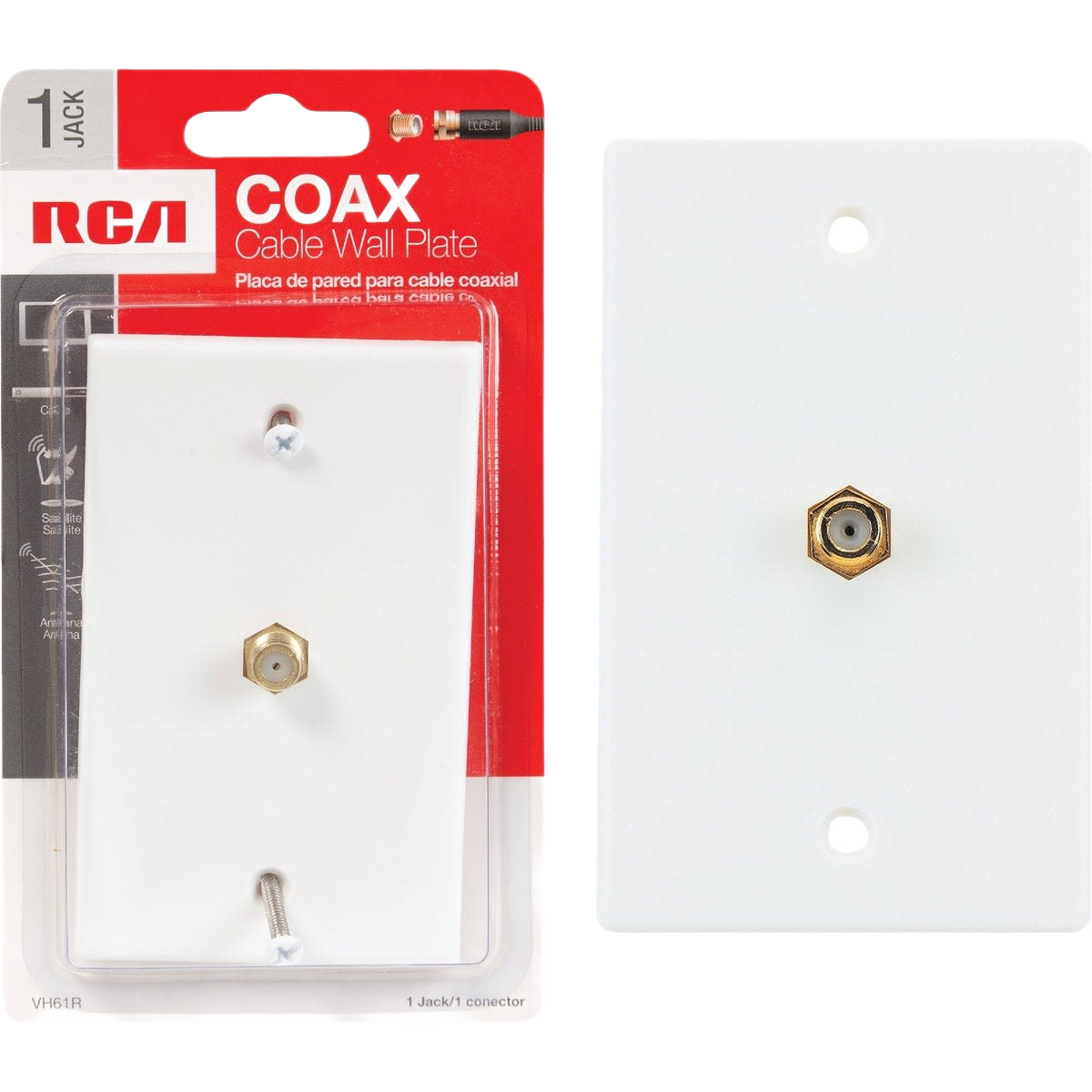 White coaxial cable wall plate with single gold-colored RCA connector for home improvement installations