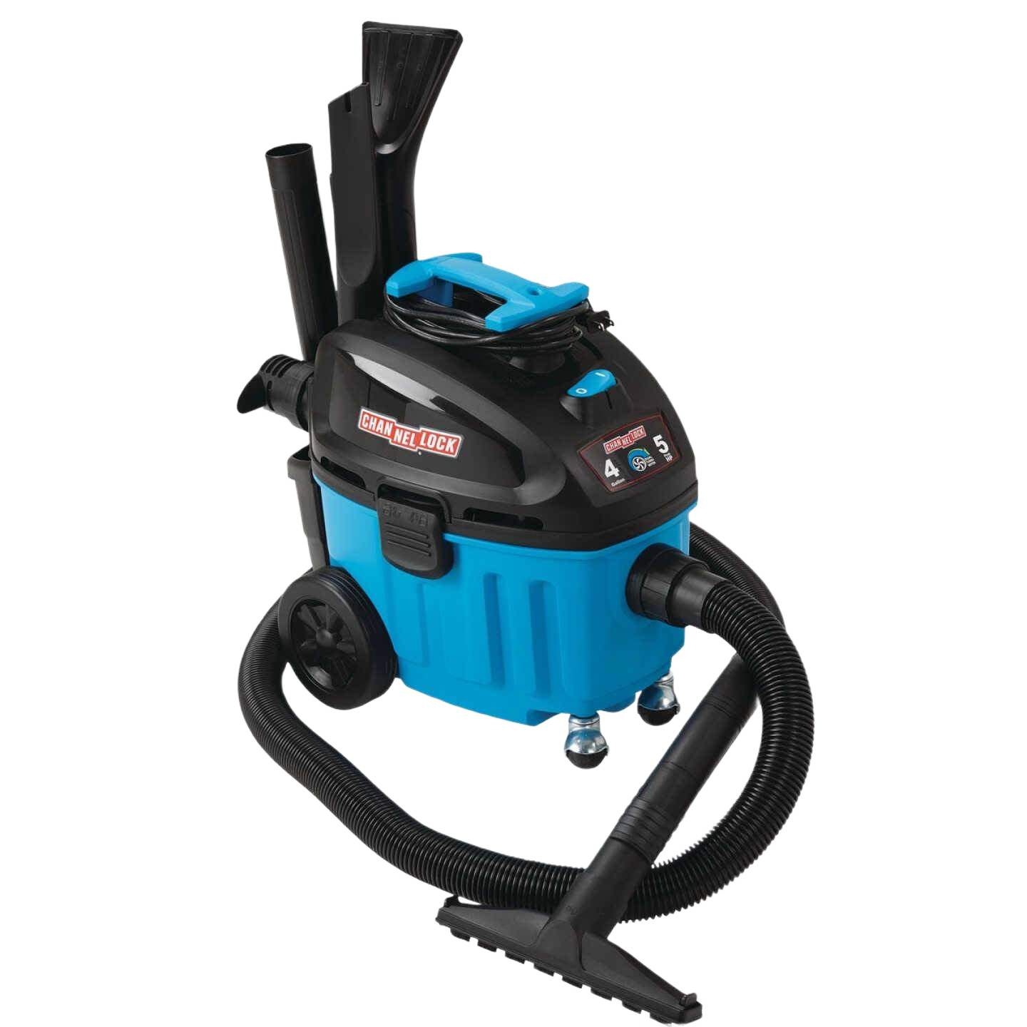 Compact blue and black wet/dry vacuum with hose, attachments, and wheels for tools and home improvement use