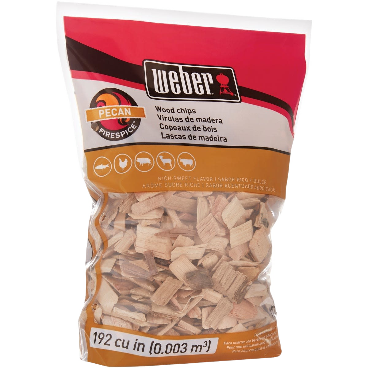 Bag of Weber pecan wood chips for smoking meats and enhancing flavor in grilling and outdoor cooking collections