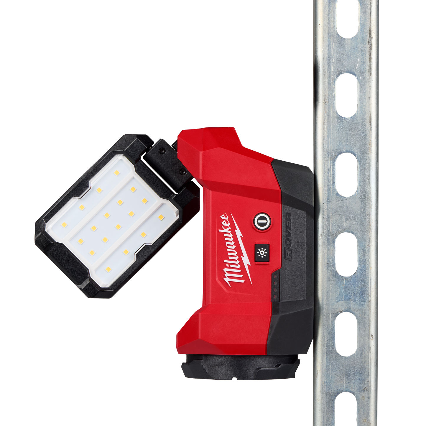 Red and black portable multi-directional LED flood light with adjustable head mounted on metal rail, part of Milwaukee utility and woodworking tools at Hartville Hardware.