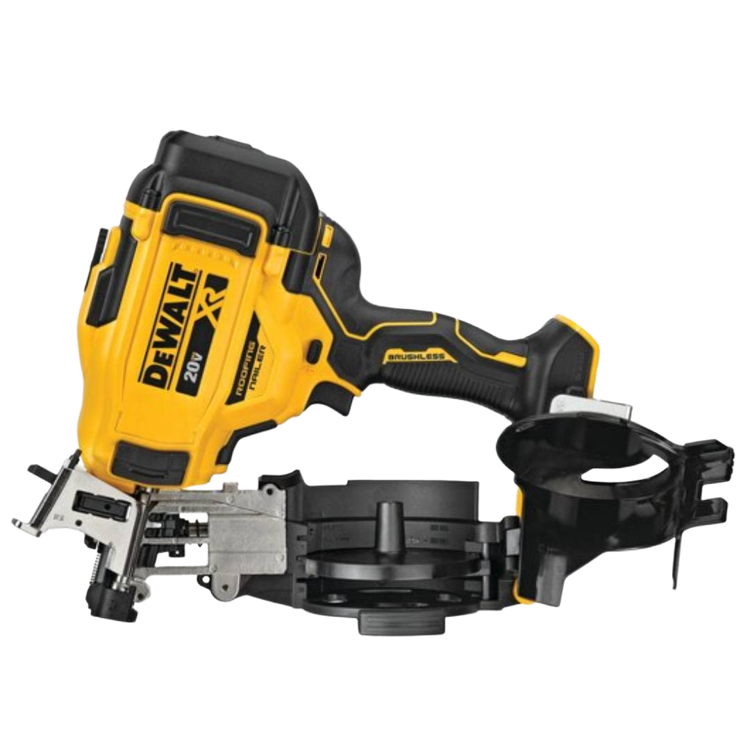 Yellow and black cordless coil roofing nailer with brushless motor for efficient home improvement and roofing applications