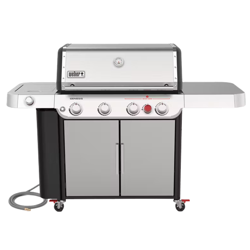 Stainless steel natural gas grill with four control knobs, side shelves, and storage cabinet for outdoor living grilling collection