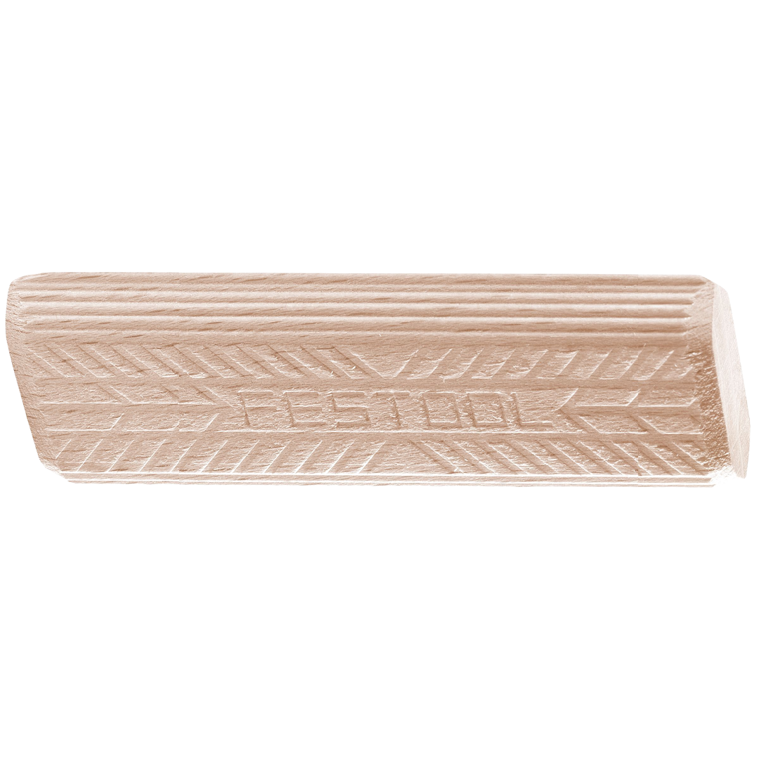 Light-colored wooden domino tenon with textured pattern and engraved brand name, used for precise joinery in woodworking projects.