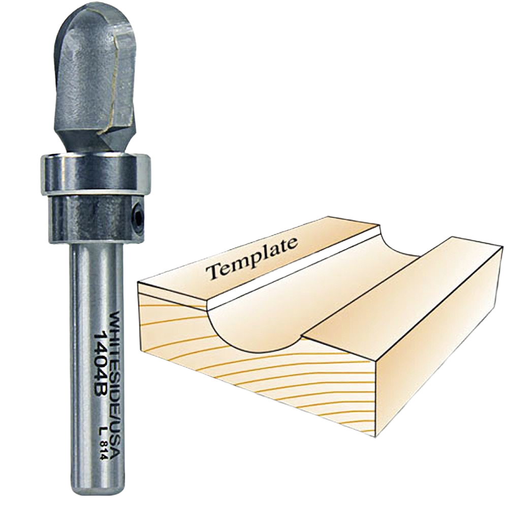Round nose Whiteside router bit with bearing next to wood core box groove template for woodworking tools and accessories.