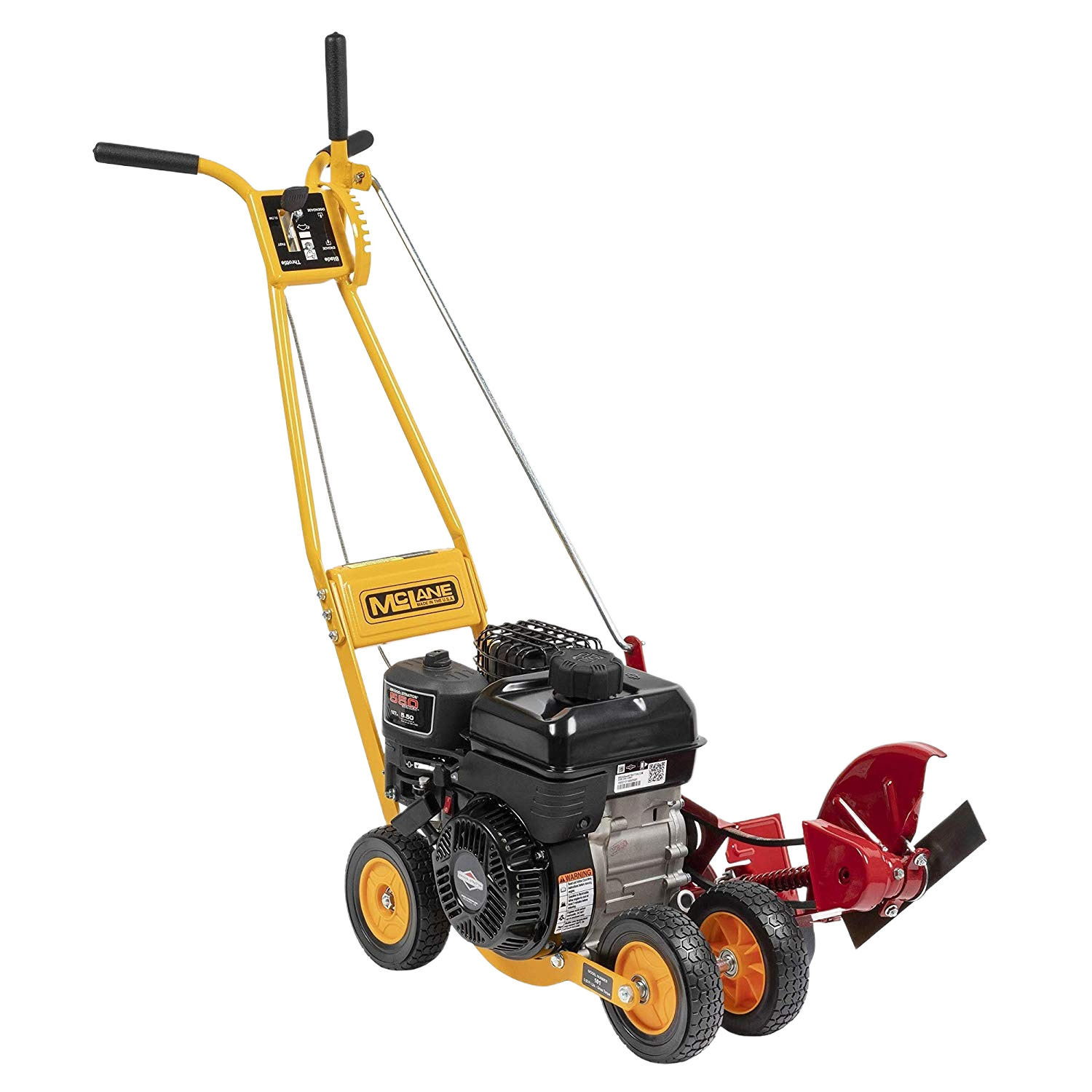Yellow and red gas-powered lawn edger with black engine and four wheels designed for home improvement tasks