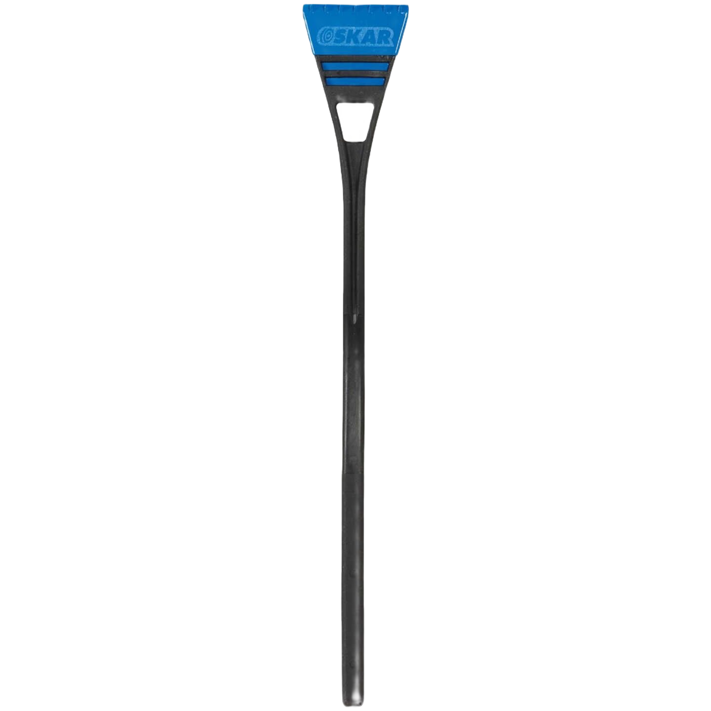 Black and blue plastic snow scraper with ergonomic handle, designed for snow and ice removal in automotive and outdoor tool collections