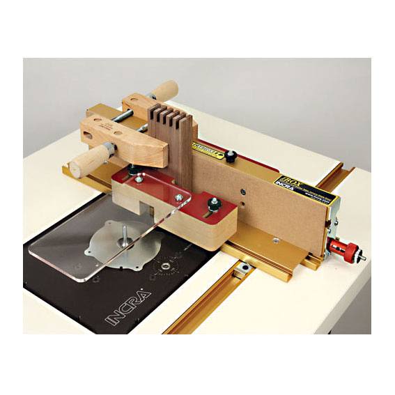 Precision woodworking jig with wooden clamps and aluminum guide for box joints in saw accessories and tool collections