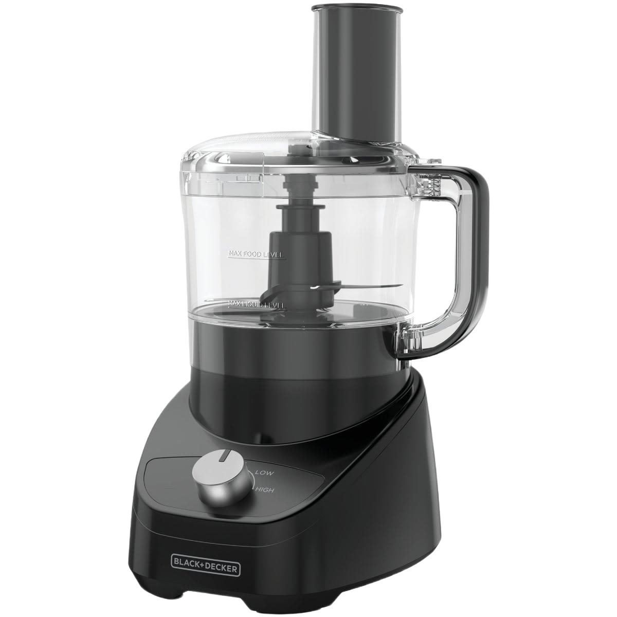Compact black food processor with clear plastic bowl, handle, and control dial for kitchen and home use