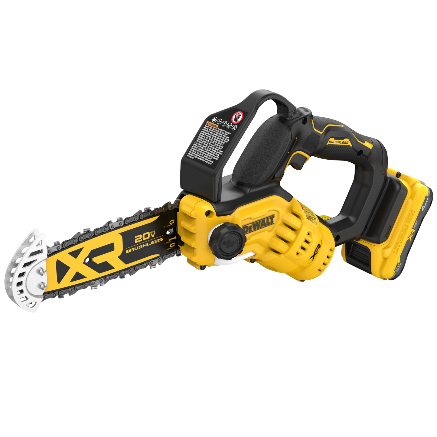Compact yellow and black cordless pruning chainsaw featuring a brushless motor and 20V battery, designed for outdoor power equipment and lawn care tasks.