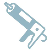 Simplified blue icon of a caulking gun tool used for applying sealants in home improvement and repair tasks.