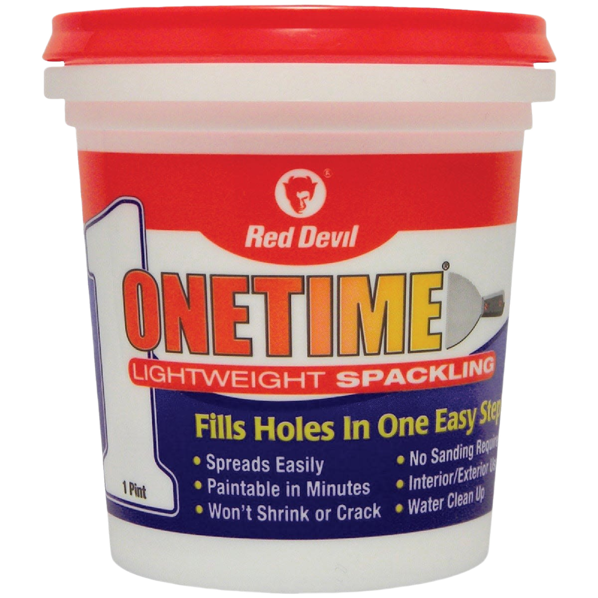 Red Devil Onetime spackling compound in 1 pint container for lightweight hole filling in tools and home improvement tasks