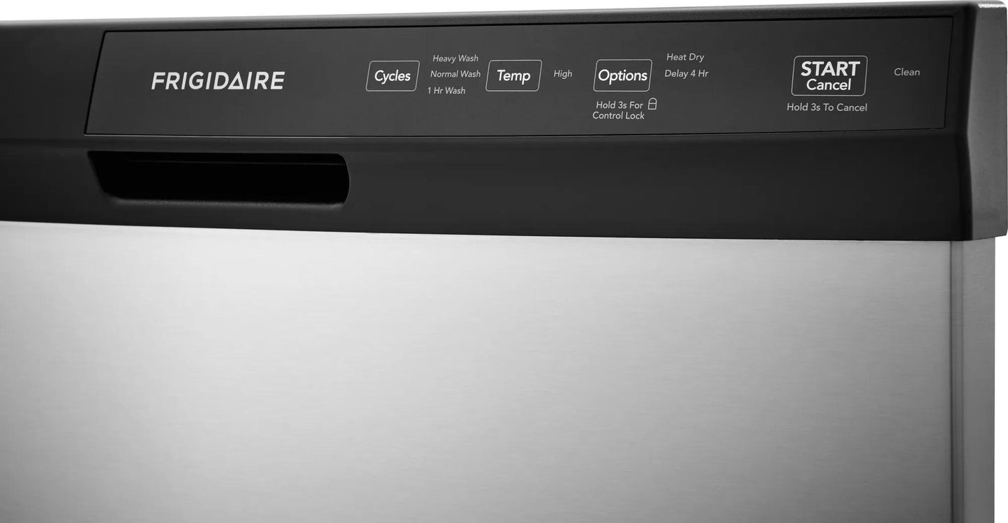 Front panel of stainless steel 24-inch built-in dishwasher with black control panel and cycle options for home improvement