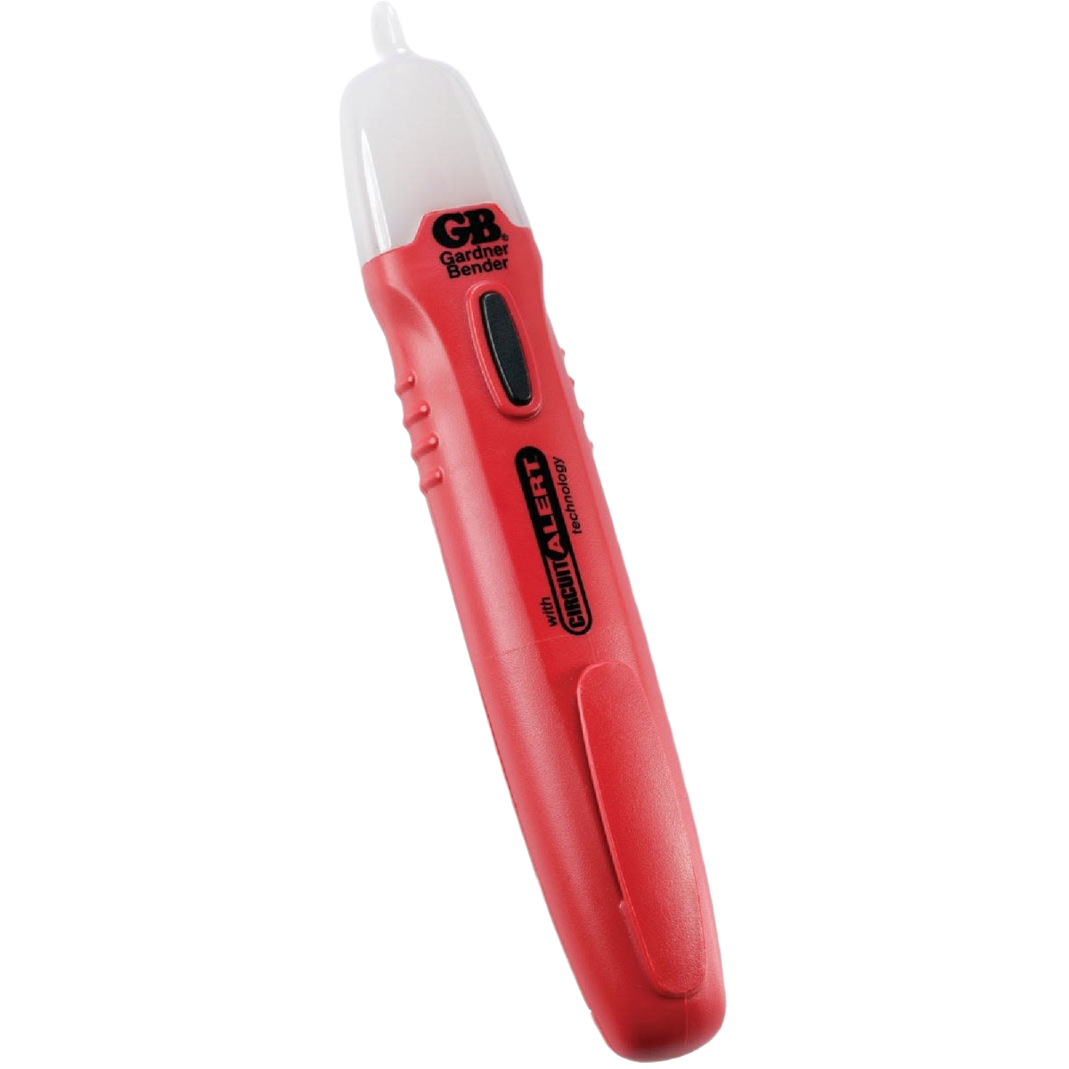 Red and white handheld non-contact voltage tester for safe electrical testing in home improvement tasks