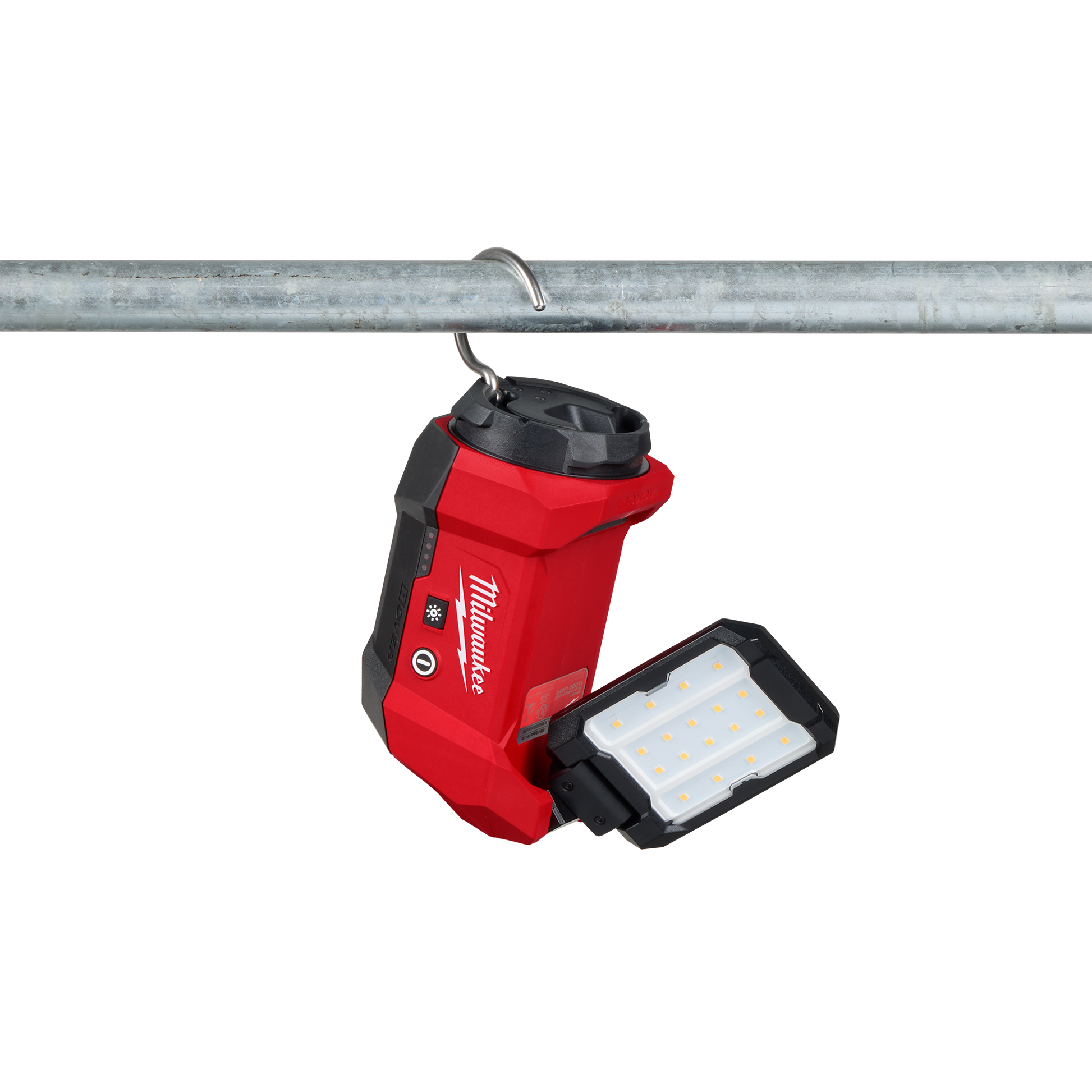 Red and black portable multi-directional LED flood light with adjustable head hanging from metal pipe, part of Milwaukee utility lights and work lights at Hartville Hardware.