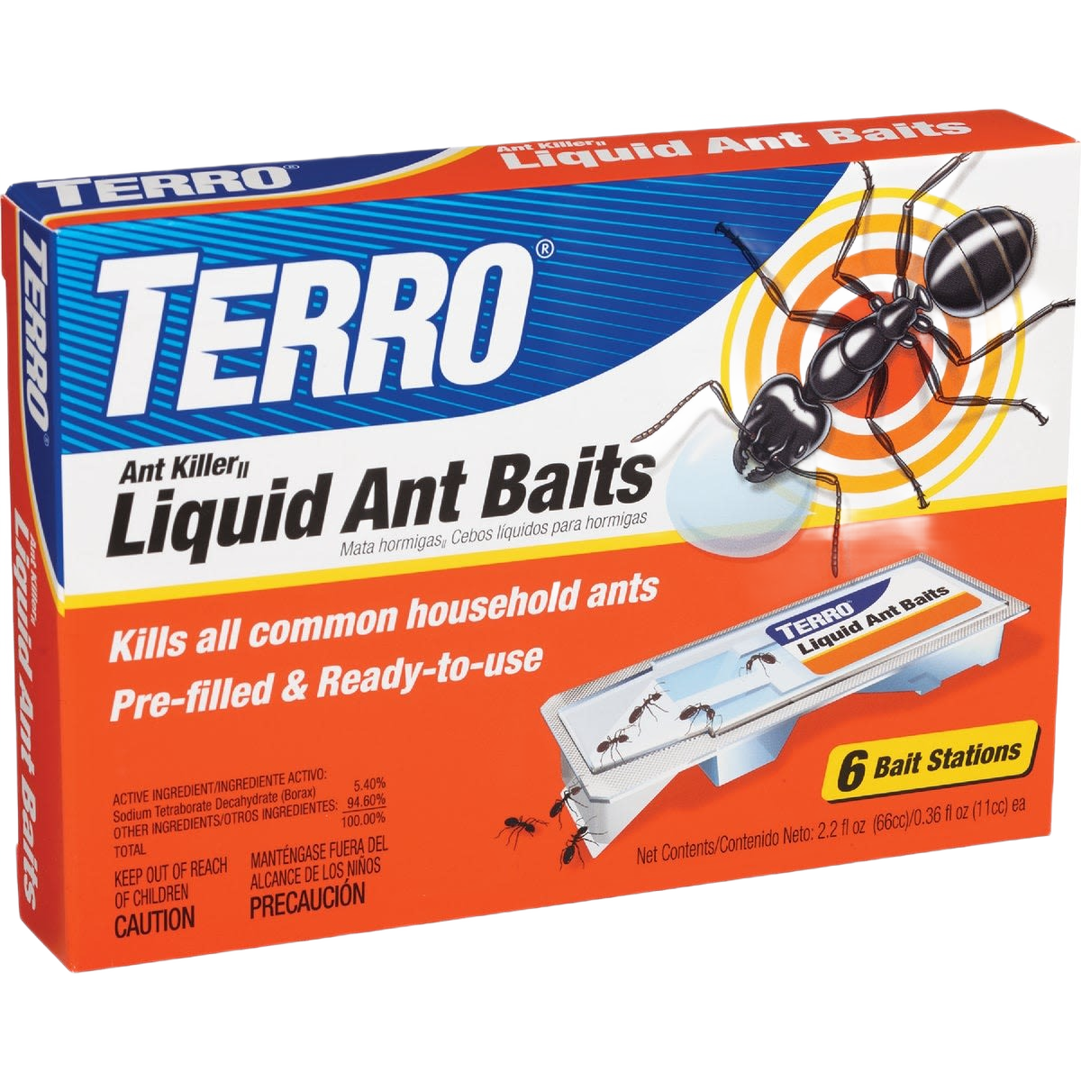 Orange and blue Terro liquid ant bait pack with six pre-filled stations for insect and pest control in lawn and garden collections