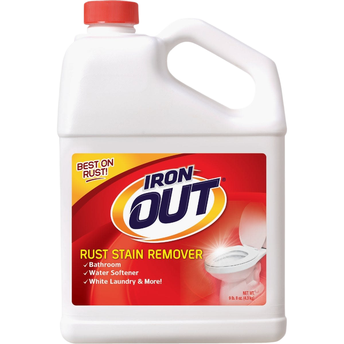 White plastic container of Iron Out rust stain remover with red and yellow label for plumbing and drain cleaning use