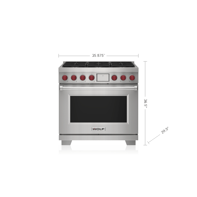 Stainless steel 36-inch dual fuel range with six burners and red control knobs for kitchen appliances and gas ranges